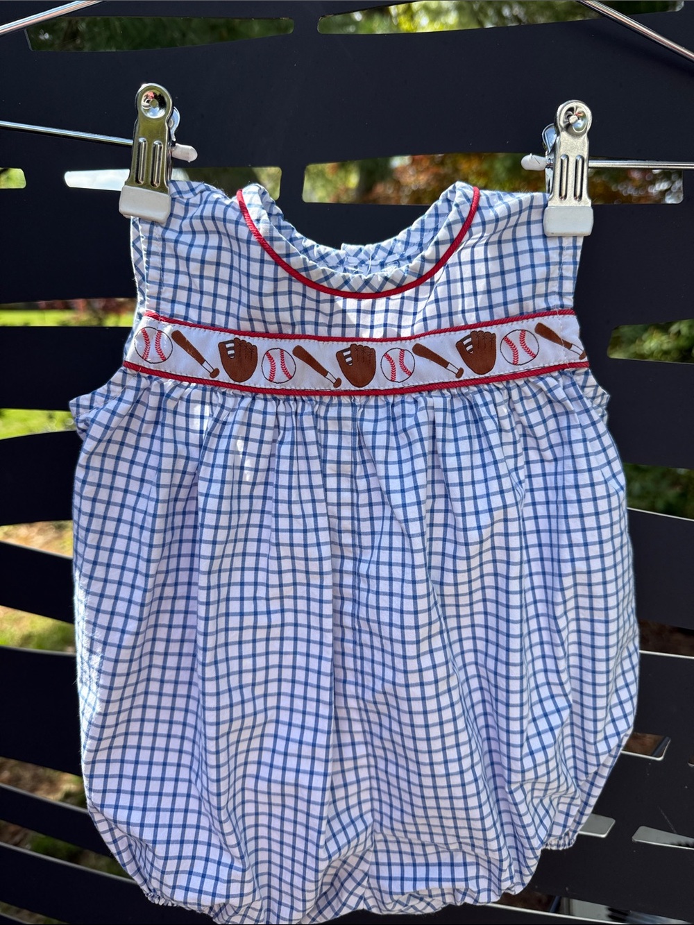 Baby Bubble Romper with Baseball Trim - Blue & White 9M